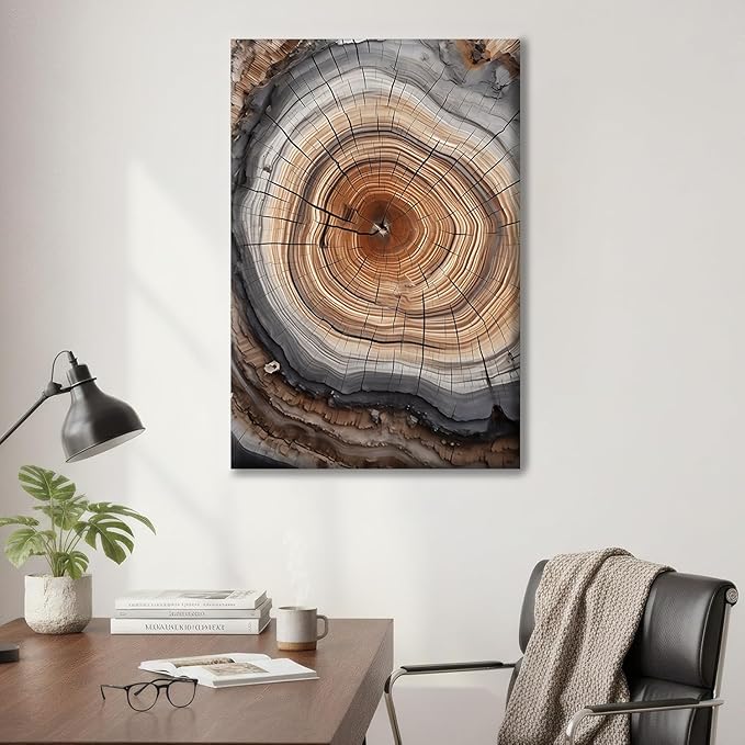 IBHJSART Framed Tree Ring Canvas Wall Art Vintage Colorful Wood Stump Painting Prints Modern Minimalist Pictures Neutral Nature Rustic Farmhouse Decor Living Room Bedroom Bathroom Office