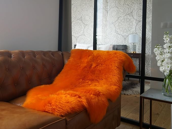 HUAHOO Premium Genuine Sheepskin Rug Camel Real Australia Sheepskin Natural Lambskin Fur Area Rug Seat Covers for Kids Bedroom Sofa Chair Cover Pets Dogs Mat Double Pelt/2' x 6' Orange