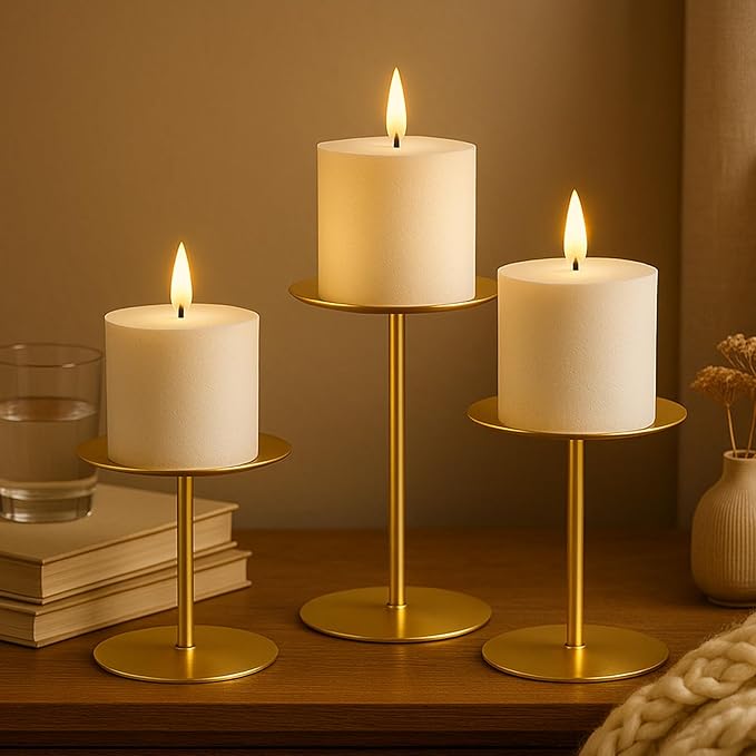 smtyle Gold Metal Cast Iron Candleholder Sets for Pillar Candles, Set of 3 Wedding Table Centerpiece Candle Holders, Minimalist Farmhouse Decor for Fireplace Mantel & Dining Room