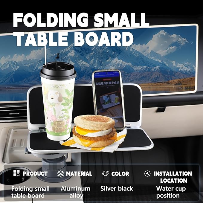360° Rotating Folding Cup Holder Table, Steering Wheel Tray, Car & Laptop Desk - Car Accessories for Women & Men, Fit Tesla Model Y/3/S/Explorer/Maverick (Foldable Car Table Board (Black))