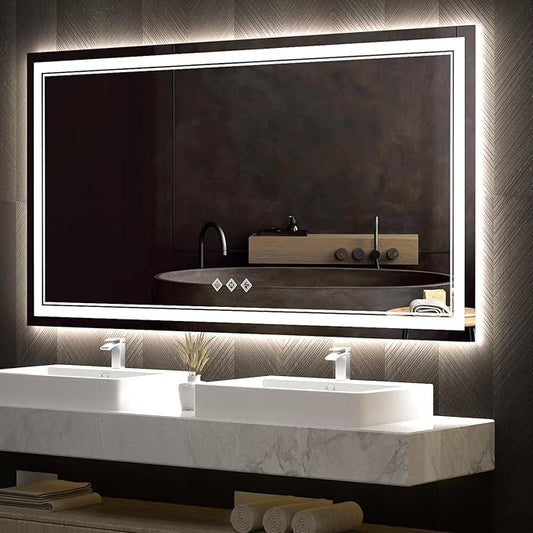 LED Bathroom Mirror, 60x32 Inch Gradient Front and Backlit Bathroom Mirror, 3 Colors Dimmable CRI>90 Double Lights, IP54 Enhanced Anti-Fog, Hanging Plates Wall Mount Lighted Mirror