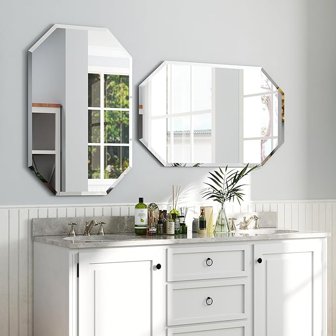 Chende 2 Packs Bathroom Mirror for Wall, 24"x30" Octagon Frameless Mirror with Beveled Edge, Vanity Mirror for Bathroom Living Room Bedroom Vertical or Horizontal