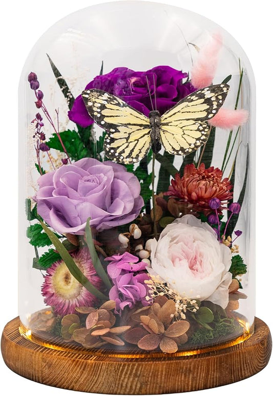 Eternal Flower with Butterfly: Big Flowers Big Love-Elegant Flower in Glass Dome-Thanksgiving, Christmas, Mom Gifts for Her-Flowers for Delivery Prime-Floral Arrangements(Purple)