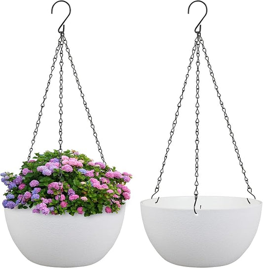 8 inch Small Hanging Planters for Indoor Outdoor Plants, 2 Pack Hanging Flower Pots with Drainage Holes and Chain for Garden Porch, Plastic Hanging Baskets for House Plants, White