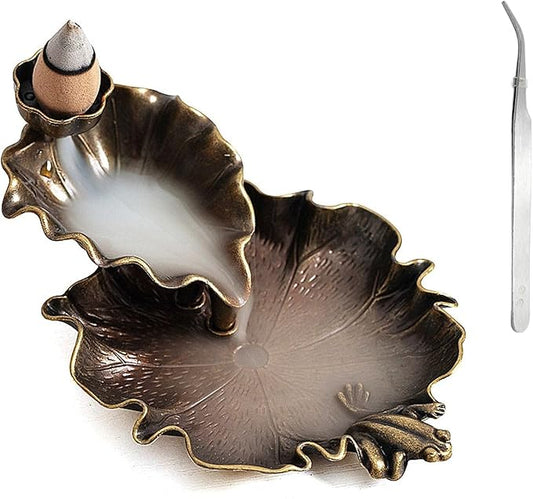 Waterfall Incense Cone Holder Lotus and Frog Bronze Backflow Insense Burner Metal Incense Holder Aromatherapy Ornament Home Decoration