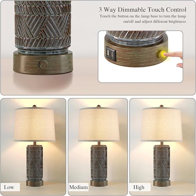 RORIA Set of 2 Farmhouse Table Lamps for Living Room Bedroom, 3 Way Dimmable Touch Nightstand Lamp with 2 USB Port, Rustic Vintage Bronze Ceramic Lamps for End Table Bedside, Bulbs Included