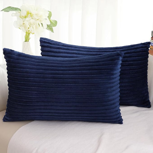 Simmore Decorative Spring Throw Pillow Covers 12x20 Set of 2, Soft Natural Plush Flannel Double-Sided Fluffy Lumbar Pillow Covers for Couch Sofa Living Room, Navy Blue