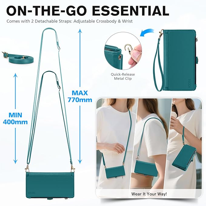 TUCCH Detachable Crossbody Wallet Case for iPhone Air (6.5"), 9 Card Holders RFID Blocking | Lanyard | Wrist Strap | Wireless Charging | Zipper Pocket | PU Leather | Stand Flip Cover | Bluish Green