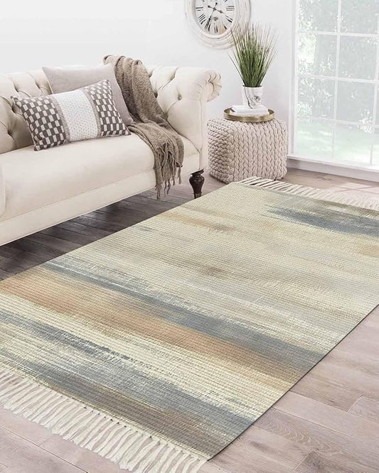 Beige Gray Brown Large Runner Rug 4X6 Ft Living Room Area Rug, Washable Woven Abstract Ombre Art Throw Carpet with Tassel, Non-Shedding Vintage Minimalist Gradient Aesthetic Bedroom Office Carpets