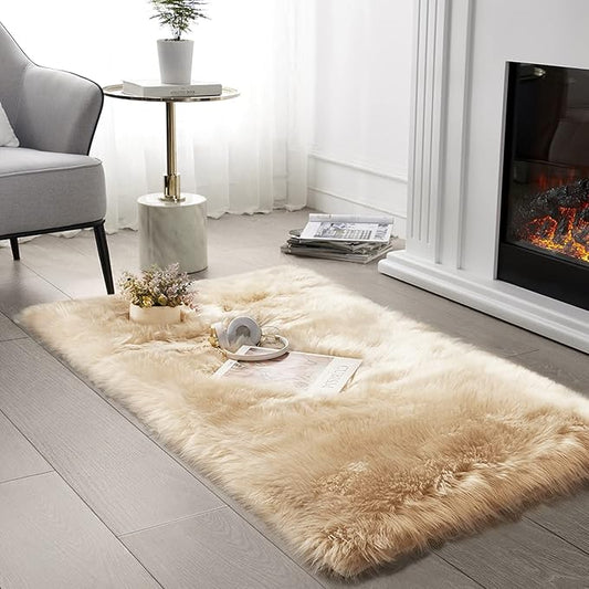 SERISSA Soft Faux Sheepskin Fur Area Rug Beige Fluffy Rug Plush Chair Cover Seat Pad Fuzzy Carpet Furry Beside Rugs for Bedroom Floor Sofa Living Room 2x4 Feet (Rectangular,Beige)
