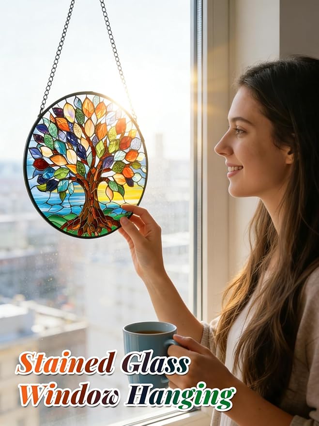 Stained Glass Window Hanging, Colorful Tree of Life Suncatcher for Door Home Decor, Glass Panel Sunrise Sun Catcher Ornament Mother's Day Birthday Gifts for Women Men Mom 6.3 in