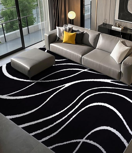 YIHOUSE Black Modern Area Rugs 8x10,Large Black and White Washable Rug for Living Room,Thin Abstract Geometric Rug,Minimalist Striped Rugs 8x10 for Bedroom,Office
