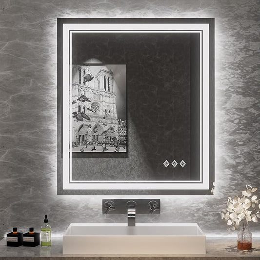 Bathroom Mirror, 32x36 Inch Gradient Front and Backlit LED Mirror for Bathroom, 3 Colors Dimmable CRI>90 Double Lights, IP54 Enhanced Anti-Fog, Hanging Plates Wall Mount LED Mirror