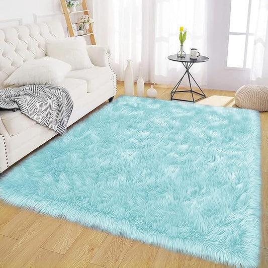 Latepis 5x7 Area Fluffy Faux Fur Rug Shag Sheepskin Light Blue Rugs for Living Room Teal Fuzzy Shaggy Rug for Bedroom Home Decor Rectangle