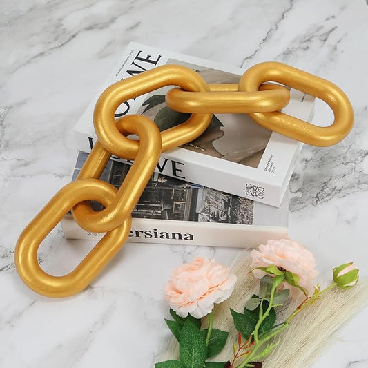 HMASYO Golden Wood Chain Link Decor, 5-Link Wooden Decorative Chain Home Decor Accents, Coffee Table Decor, Shelf Decor Aesthetic, Modern Bookshelf Table Decorative Objects for Living Room