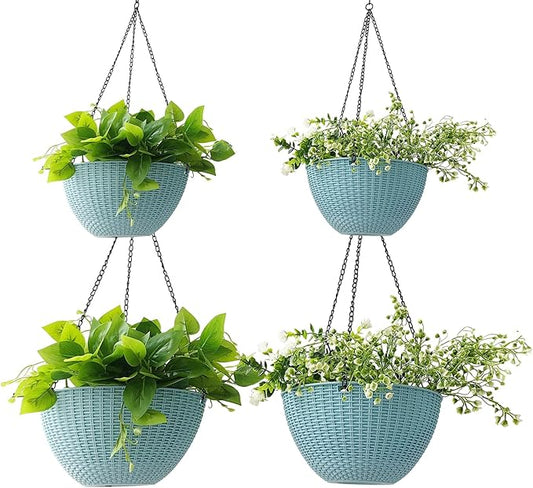 Hanging Planters for Outdoor Plants 8/10 Inch, 4 Packs Hanging Flower Pot Indoor with Drainage Holes, Self-Watering Hanging Basket Perfect for Home, Office and Garden (Sky Blue)