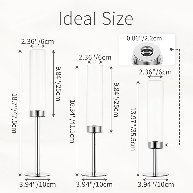 Hurricane Taper Candle Holders: Silver Glass Candlestick Holder Tall Candle Sticks Holder Decor with Glass Cover for Wedding Table Centerpiece Party Birthday Christmas Home Mantel Set of 3
