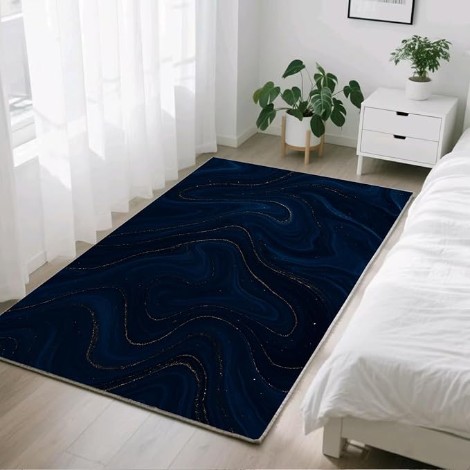 Luxury Marble Rug - 2x6 Runner Rug, Navy Blue Marble Runner Carpet, Modern Abstract Entryway Rugs, Washable & Non Slip Carpet Home Decor