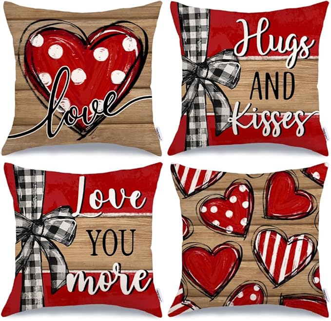 GEEORY Valentine's Day Love You More Hugs and Kisses Throw Pillow Covers 18x18 Inch Set of 4, Red Hearts Stripes Decorative Farmhouse Wedding Cushion Case for Home Decoration G652-18