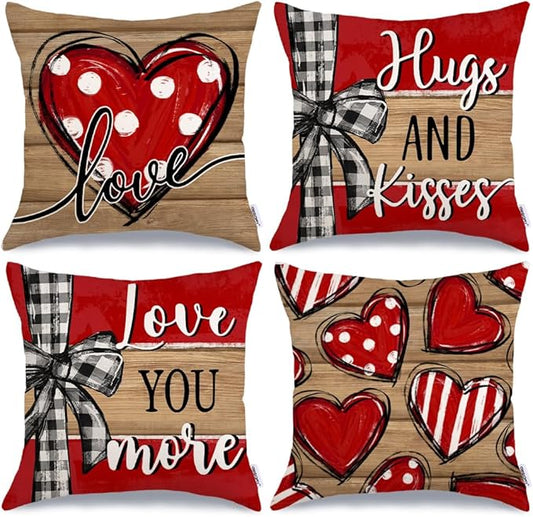 GEEORY Valentine's Day Love You More Hugs and Kisses Throw Pillow Covers 18x18 Inch Set of 4, Red Hearts Stripes Decorative Farmhouse Wedding Cushion Case for Home Decoration G652-18