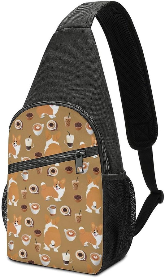 SWEET TANG Men's Crossbody Bags, Casual Daypacks Shiba Inu Coffee Print Dog And Coffees for Cycling and Travel, Fashion Sling Shoulder Backpack Square Rucksack with Small Pocket for Key Purse