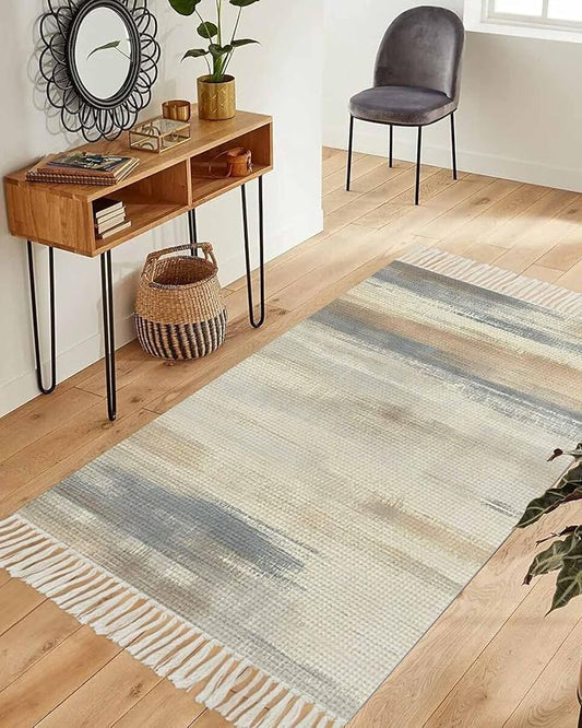 Beige Gray Brown Runner Rug 3X5 Ft Bedroom Area Rug, Washable Woven Abstract Ombre Art Throw Carpet with Tassel, Non-Shedding Vintage Minimalist Gradient Aesthetic Dining Room Living Room Carpets