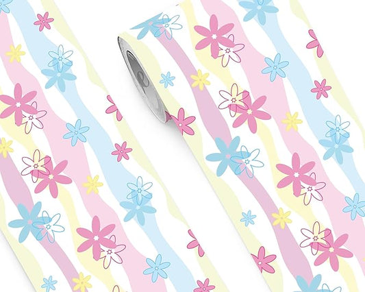 FLFK Wallpaper Border, Rainbow Flowers Peel and Stick Wall Border Self Adhesive Wall Paper Borders for Bedroom Living Room Girl's Room Kitchen Bathroom 10"x240"