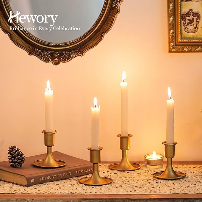 Gold Taper Candle Holder Set of 2, Hewory Short Skinny Brass Candlestick Holders, Vintage Small Low Metal Candles Sticks for Wedding Centerpieces Christmas Birthday Party Holiday Dinning Table Decor