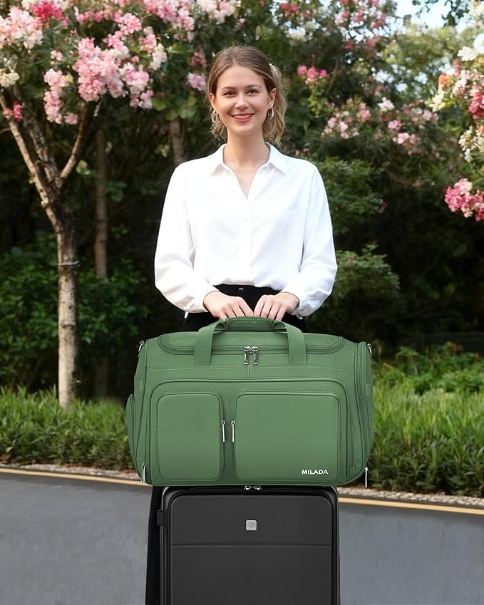 MILADA Carry On Luggage Bags for Travel Large Foldable Duffle Bag for Travel Lightweight Personal Bags for Airplanes Weekend Overnight Bags for Women Mens Travel Bag, Forest Green