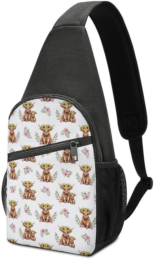 SWEET TANG Sling Bag for Men Women, Comfortable Crossbody Backpack, Highland Cow Sunflower Farm Animal, Anti Theft Sling Shoulder Chest Bag Daypack, Fashion Travel Gym Sack Rucksack