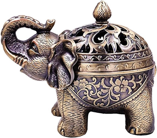 Hourwof Metal Elephant Incense Holder,Vintage Cone Coil Incense Burner with Lid,Ash Catcher,Aromatherapy Ornament Home Office Decor,Bronze