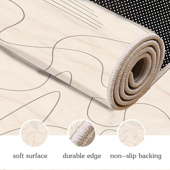 Modern Marble Rug - 6x8 Area Rug, Abstract Line Marble Rugs, Minimalist Geometry Dining Room Rugs, Washable & Non Slip Large Carpet Home Decor