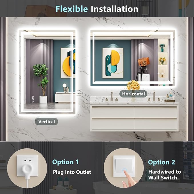 48x40 LED Bathroom Mirror with Lights, Backlit and Front Lit, Anti-Fog Lighted Vanity Mirrors for Bathroom Wall, Dimmable, 3-Color Light, Memory, Shatter-Proof, HD Tempered Glass, CRI＞90