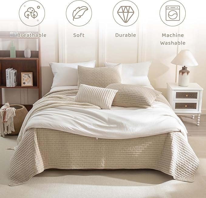 Sanracie Cotton Oversized King Bedspread(128"x120"), Soft Dark Wheat Color Stonewashed Extra Large Wide Oversized Quilt Sets Cross Stitch Lightweight Crinkle Coverlet Set 3Pcs for All Season