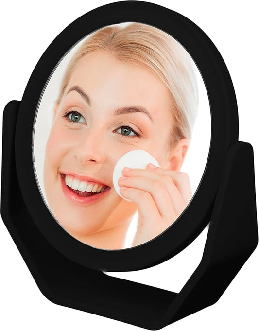EXPRESSIONS Premium Soft Touch Rotating Mirror - Round Black Vanity Mirror, Handheld or Tabletop, 1x/2x Magnification Makeup Mirror, Small Desk or Travel Mirror