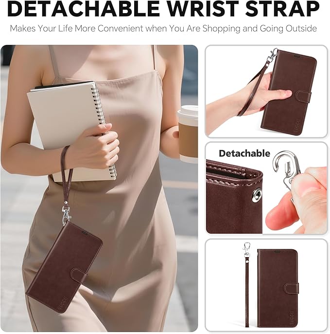 TUCCH 2-in-1 Detachable Wallet Case for iPhone 17 (6.3-inch) 2025, Wireless Charging | RFID Blocking 4 Card Holders | Wrist Strap | Kickstand | Magnetic | PU Leather Folio Cover | Chocolate Brown