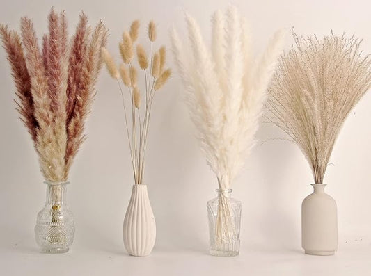 65PCS Pampas Grass Decor, Including pompas Floral, Reed Dried Grass and Bunny Tails Dried Flowers, Natural Dried Pampas Grass Bouquet for Boho Decor Wedding, Home Decoration