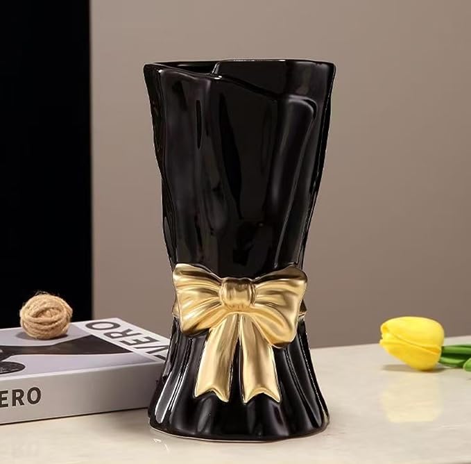 Bow Vase, Black Flower Vase for Home Decor, Black Ceramic Vases for Boho Style, Bow Decor, 9.3 Inch Flower Vases for Bouquet, Ideal Shelf Decor/Table. (Large)