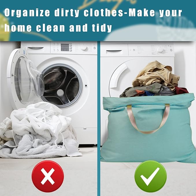 LOLOMLO Extra Large Canvas Laundry Bags with Handles & Drawstring Closure, Heavy Duty Tears Resistant Clothes Storage Travel Bags,25.5"x34",Teal Blue