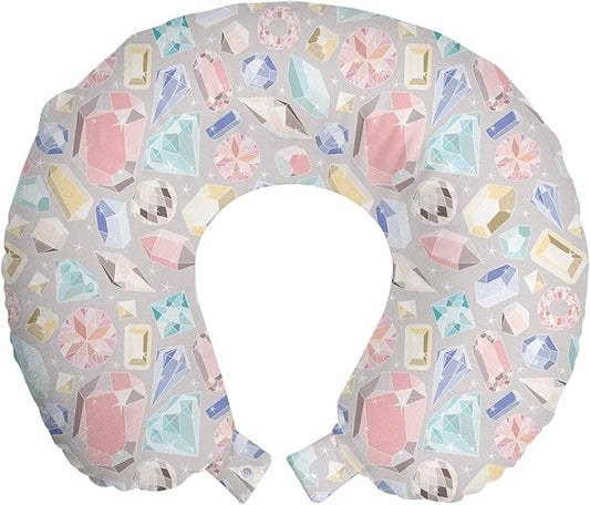Ambesonne Pastel Travel Pillow Neck Rest, Colorful Diamond Gemstone Rich Feminine Women Fashion Theme Digital Print, Memory Foam Traveling Accessory for Airplane and Car, 12", Pink Grey