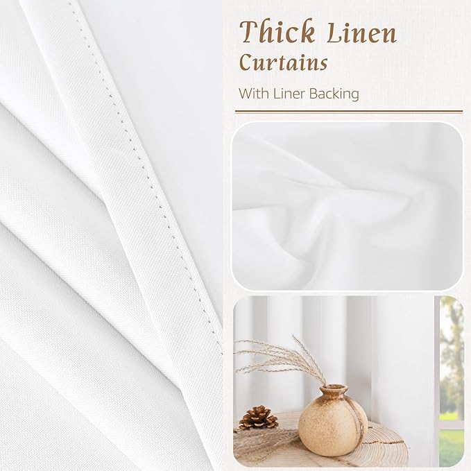 LAMIT 100% White Blackout Curtains for Bedroom, 63 Inches Polyester Textured Thermal Curtains Back Tab and Rod Pocket Burlap Panels with White Liner for Farmhouse/Living Room, 2 Panels, 52 x 63 Inch