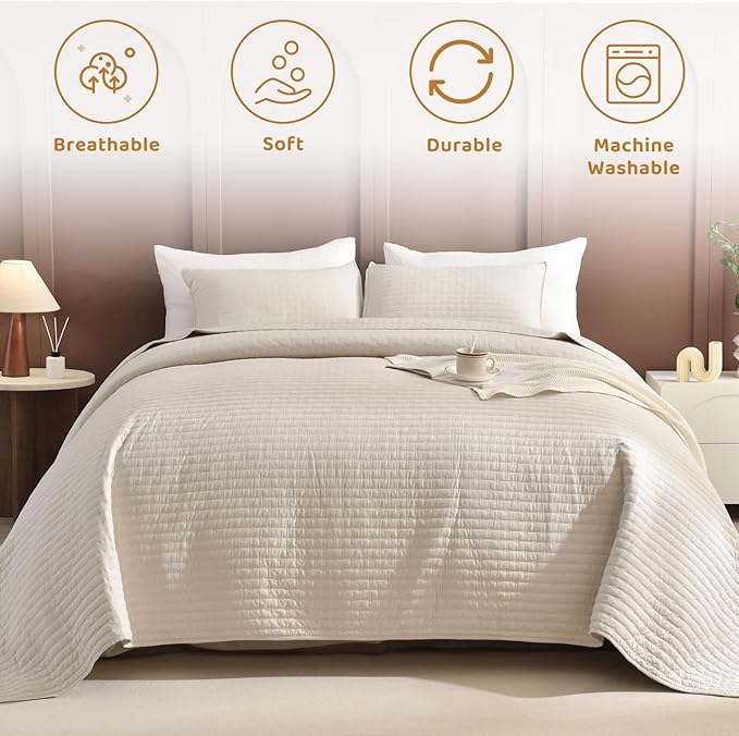 Sanracie California King Bedspreads 120"x120", 100% Cotton Wheat Colored Oversized King Quilt Coverlet Set Extra Large Wide Breathable Lightweight Cozy Cloud Quilt Bed Cover Thin Quilt for All Season