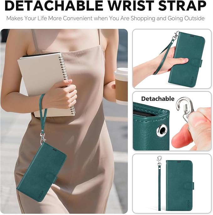 TUCCH Removable Case Wallet for iPhone 17 (6.3") 2025, Detachable Wrist Strap, Wireless Charging, Stand, 4 Card Slots RFID Blocking, 2-in-1 Magnetic, PU Leather Shockproof Cover, Teal Blue