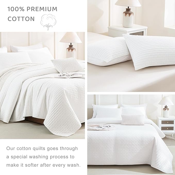 Sanracie Stonewashed Oversized King Bedspread(118"x106"), Cotton Milk White California King Quilt Coverlet Cross Stitch Ultra Soft Lightweight 3Pcs Crinkle Bed Coverlet Set for All Season