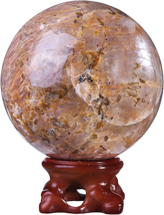 SUNYIK Natural Orange Moonstone Ball Sphere with Resin Stand Polished Crystal Sphere Stone Figurine Decor for Home Office Tabletop, 2.8-3.1”(71-80mm)