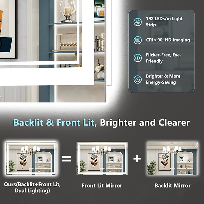 50x36 Inch LED Bathroom Mirror with Lights, Backlit & Front Lit, Anti-Fog Lighted Vanity Mirrors for Bathroom Wall, Dimmable, 3-Color Light, Memory, Shatter-Proof, HD Tempered Glass, CRI ＞90