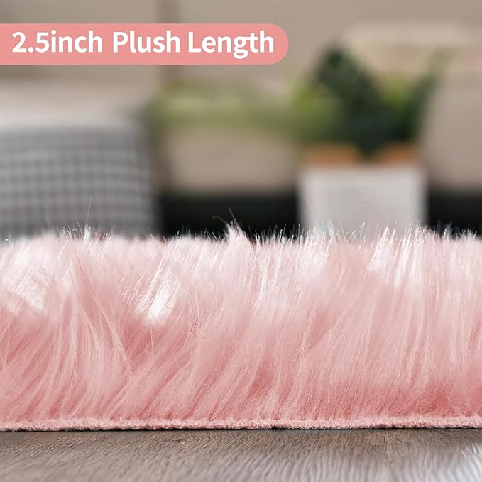Pink Faux Fur Sheepskin Area Rug for Living Room Bedroom, 4 x 6 Feet Ultra Soft Shaggy Fuzzy Furry Carpet Chair Throw Large Rugs for Kids, Girls, Nursery Room Decor Dorms