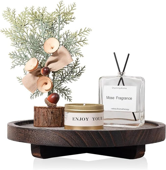 Round Decorative Tray Wood Bathroom Counter Organizer Farmhouse Kitchen Decor Wooden Riser for Soap Dish, Perfume, Candle, Sponge, 8" - Bark Brown