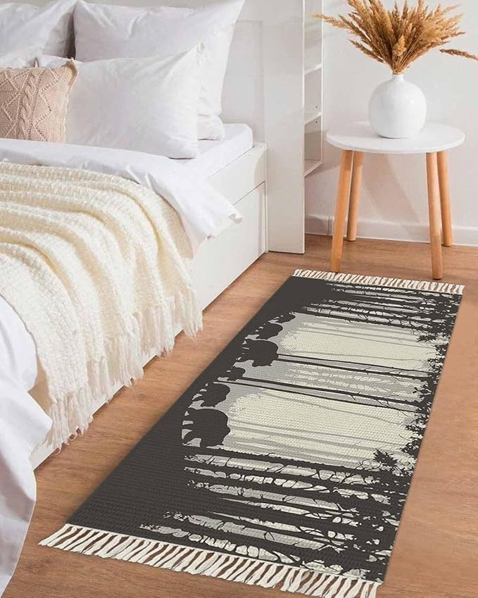 Rustic Bear Kitchen Hallway Runner Rug 2X5 Ft Carpet, Washable Woven Forest Animal Rustic Cabin Throw Carpet with Tassel, Non-Shedding Farmhouse Vintage Nature Scenery Art Entryway Laundry Rugs