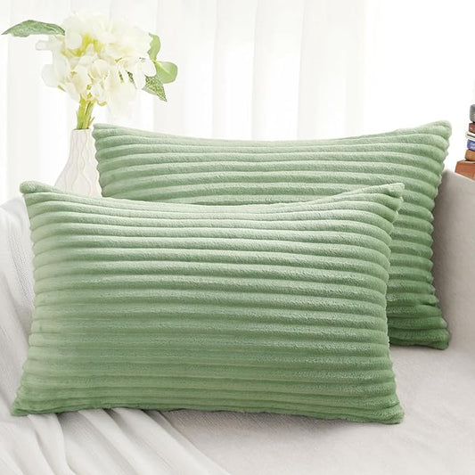 Simmore Decorative Spring Throw Pillow Covers 12x20 Set of 2, Soft Natural Plush Flannel Double-Sided Fluffy Lumbar Pillow Covers for Couch Sofa Living Room, Sage Green